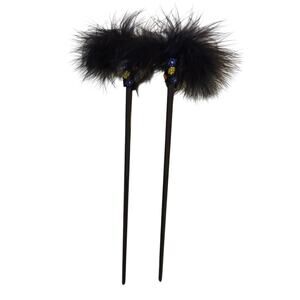 Black Feather Beaded Black Chopstick Hair Sticks Set